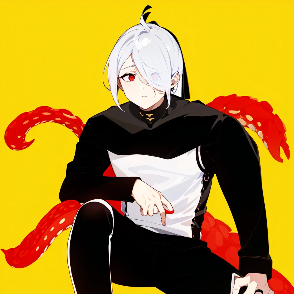 1boy, 1eye only, white hair, red eye, black sash shirt, white shirt, black sleeves, black pants, red tentacles in back, mechanical tentacle, looking on side