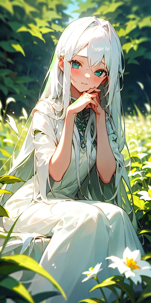 (masterpiece, best quality),1girl with long white hair sitting in a field of green plants and flowers, her hand under her chin, warm lighting, white dress, blurry foreground