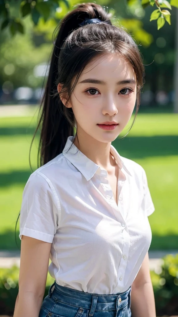 White collared shirt,jeans,outdoors,Urban Park,On the lawn,One woman,close up face,fully body photo,masutepiece, The highest image quality, High quality, the background is clear,Beautiful woman, Japanese, Detailed, Ultra-detailed, finely detail, hight resolution, 8K Wallpaper, Perfect dynamic composition, Beautiful detailed eyes ,Detailed eyes, Detailed skin, Beautiful skin, 超hight resolution, (reality: 1.4),Very beautiful woman, Slightly younger face, Beautiful skin, slender, (Ultra photo realsisim), (hight resolution), (8K), (Very detailed) (beautifully detailed eyes), (super detailed), (Detailed face), view the viewer, Fine details, Detailed face, Staring straight ahead, Staring straight ahead, photos realistic, Bright lighting, Professional Lighting, Black hair,poneyTail,a baby face,,Hairstyle: ponytail,Long ponytail hairstyle,slight smile,