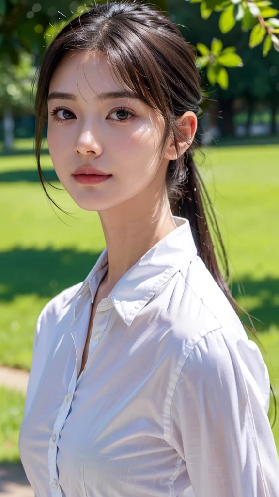 White collared shirt,jeans,outdoors,Urban Park,On the lawn,One woman,close up face,fully body photo,masutepiece, The highest image quality, High quality, the background is clear,Beautiful woman, Japanese, Detailed, Ultra-detailed, finely detail, hight resolution, 8K Wallpaper, Perfect dynamic composition, Beautiful detailed eyes ,Detailed eyes, Detailed skin, Beautiful skin, 超hight resolution, (reality: 1.4),Very beautiful woman, Slightly younger face, Beautiful skin, slender, (Ultra photo realsisim), (hight resolution), (8K), (Very detailed) (beautifully detailed eyes), (super detailed), (Detailed face), view the viewer, Fine details, Detailed face, Staring straight ahead, Staring straight ahead, photos realistic, Bright lighting, Professional Lighting, Black hair,poneyTail,a baby face,sixteen years old,Hairstyle: ponytail,Long ponytail hairstyle,slight smile,