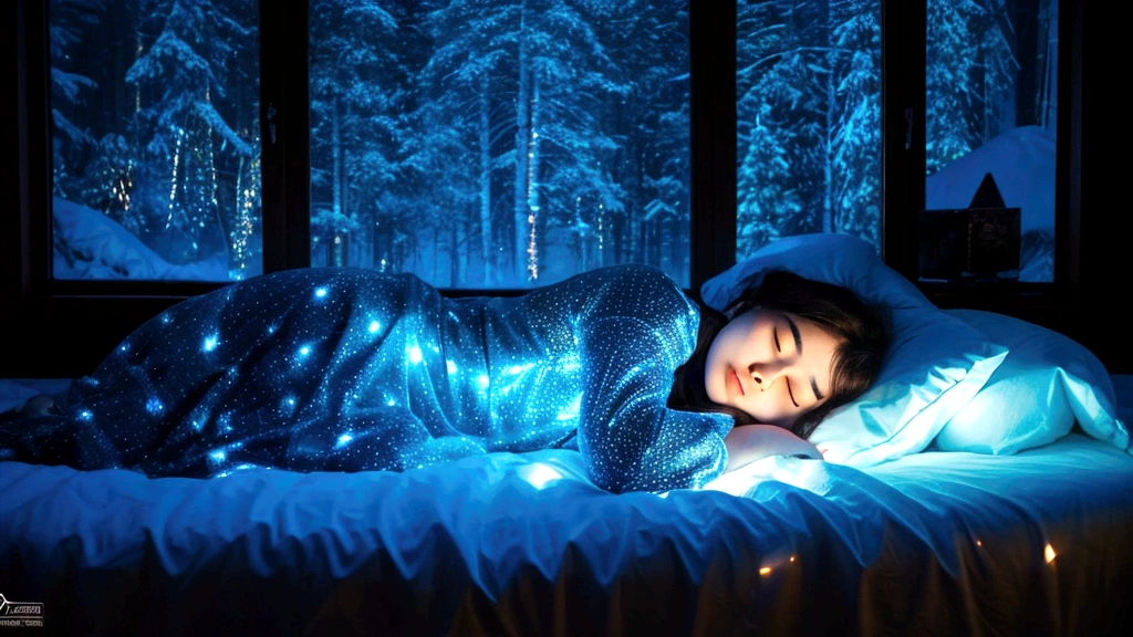 A woman sleeping on a bed covered with light sheet, relaxing image in the background, a large blue dark night window