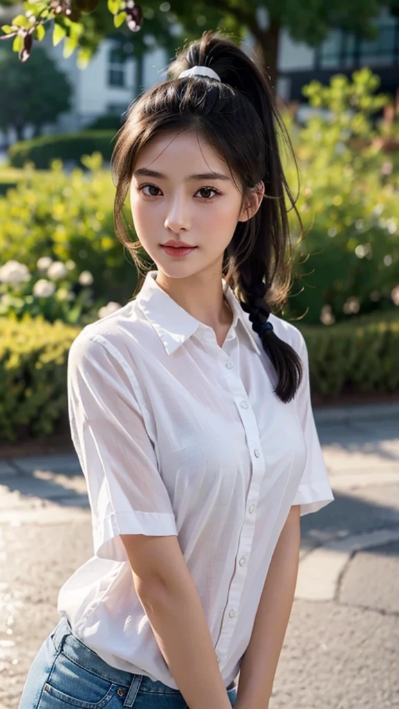 White collared shirt,jeans,outdoors,Urban Park,On the lawn,One woman,close up face,fully body photo,masutepiece, The highest image quality, High quality, the background is clear,Beautiful woman, Japanese, Detailed, Ultra-detailed, finely detail, hight resolution, 8K Wallpaper, Perfect dynamic composition, Beautiful detailed eyes ,Detailed eyes, Detailed skin, Beautiful skin, 超hight resolution, (reality: 1.4),Very beautiful woman, Slightly younger face, Beautiful skin, slender, (Ultra photo realsisim), (hight resolution), (8K), (Very detailed) (beautifully detailed eyes), (super detailed), (Detailed face), view the viewer, Fine details, Detailed face, Staring straight ahead, Staring straight ahead, photos realistic, Bright lighting, Professional Lighting, Black hair,poneyTail,a baby face,sixteen years old,Hairstyle: ponytail,Long ponytail hairstyle,slight smile,