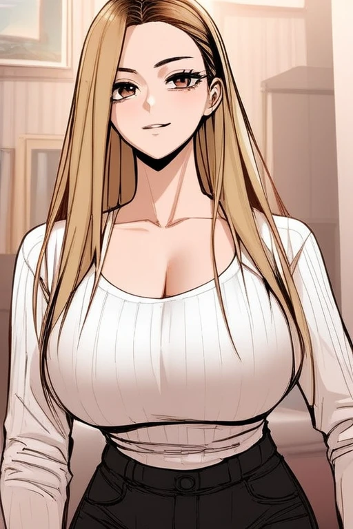 score_9, score_8_Excellent, score_7_Excellent, Hello、he, Brown eyes, blonde, Multicolored Hair, Long Hair,Long sleeves Round neck,White ribbed camisole、Black shorts、Are standing,Big Breasts、One Girl、