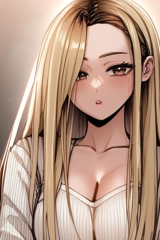 score_9, score_8_Excellent, score_7_Excellent, Hello、he, Brown eyes, blonde, Multicolored Hair, Long Hair,Long sleeves Round neck,White ribbed camisole、Black shorts、Are standing,Big Breasts、One Girl、