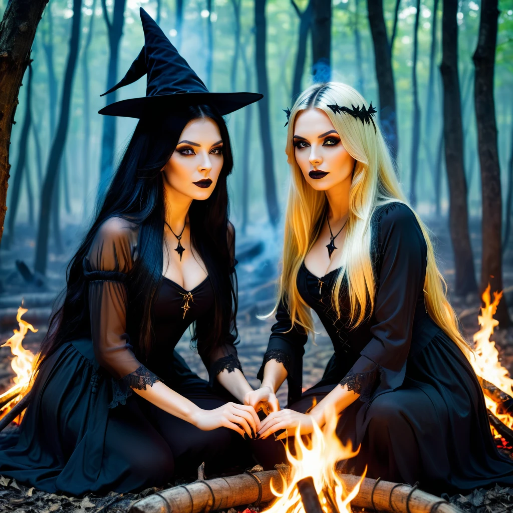 two woman - first gothic woman with long black hair, second blonde long hair, they are sexy witch do ritual in forest around fire in night, play witch color and magic atmosphere