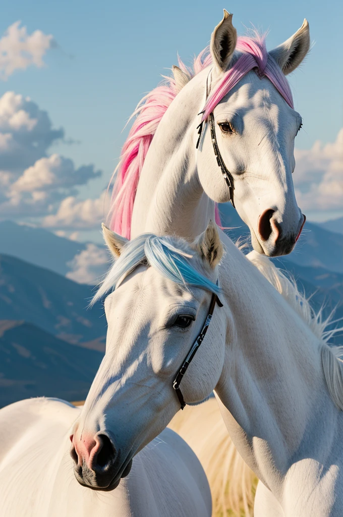 Make me a picture of a white pony with long blue pink hair and yellow blue eyes horn and wings smoke gray sweater