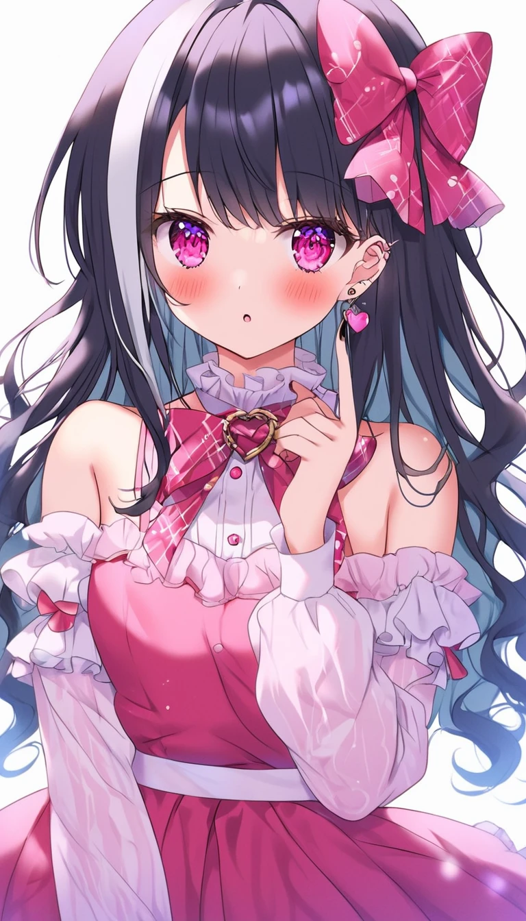 スコア_9, スコア_8_上, スコア_7_上, スコア_6_上,here is a beautiful girl with long hair and black hair with white highlights, 1girl, solo, hair ornament, long hair, white background, black nails, blush, looking at viewer, simple background, long sleeves, upper body, nail polish, bangs