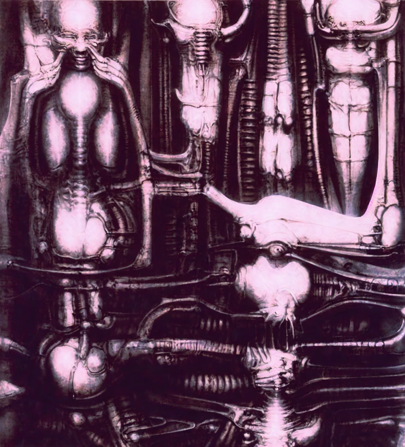 biomechanoid style, nsfw, Giger_style, The image is a detailed view of H.R. Giger's \" Li II \" plate, featuring a complex network of bones and organs in a purple-brown hue ,swirling gray and brown colorsgroup of three alien figures positioned in the foreground. Emaciated and skeletal, with hollow eyes, they appear to be constructed from bone and metallic elements, a characteristic fusion of organic and mechanical forms found in Giger's biomechanical art. The image features a surrealistic painting featuring a woman with a skull for a head, surrounded by monstrous, tentacled beings., standing in a room with a glowing screen displaying the word \"EVE\" and a hand reaching out to touch its face. The background is a dark and limited space painted in a uniform blue-green color. This lack of detail keeps the focus on the figures and creates a sense of mystery about their environment. Receding into the distance are a series of arches and tunnels that hint at a larger biomechanical landscape, possibly the work of the creatures themselves The artwork is silver and purplish brown, with an ivory bones prominently displayed. This piece is likely created using pen and ink wash. The fine lines used to outline the foreground figure and the textures on the floor are consistent with pen and ink work. The background shows areas of flat tone and shading, which could have been achieved using a wash of ink or watercolor. The artwork leans heavily on dark surrealism. The central figure is humanoid but distorted, with an elongated head and insect-like protrusion on its back. The scale of the figure in relation to its surroundings is unnatural, further contributing to the surreal atmosphere. There are subtle influences of biomechanical art present. The organic form of the humanoid figure is integrated with technological element This piece is likely created using pen and ink wash. The fine lines used to outline the foregrou
