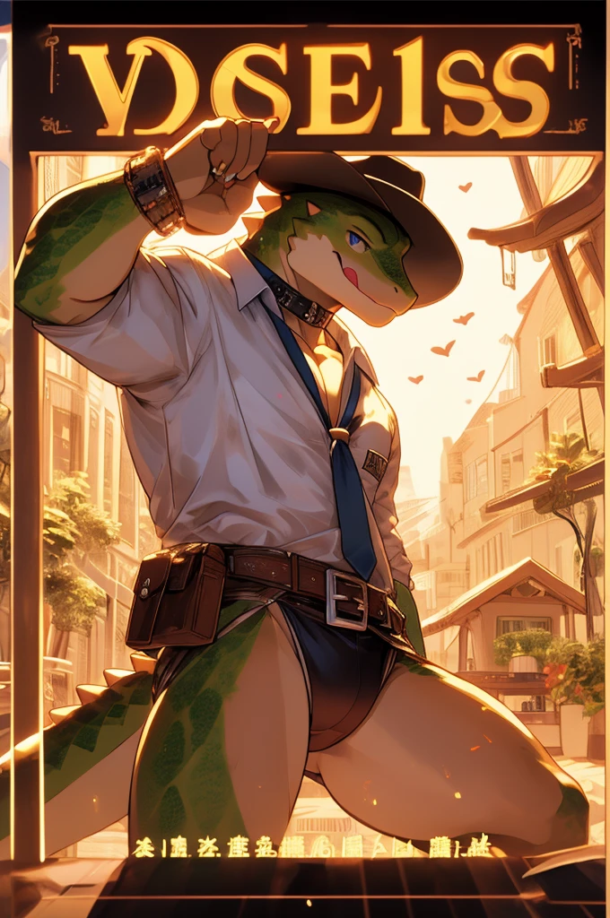 Highest quality、Sexy Baby Lizardman, Skimpy micro underwear、Lizard head、Sweat、Embarrassing、Gay、western background、Crotch close-up、cute、Leather Handbags、Knee-high socks、Choker of Hearts、White Breath、Licking lips、Drooling、Obscene language、Obscene pose、Sexy Dance、Pink steam、、strip、Sheriff Jacket、Angle looking up from below、A man wearing panties with ribbon、Magazine cover style illustration、Cowboy hat、Gunman、bed