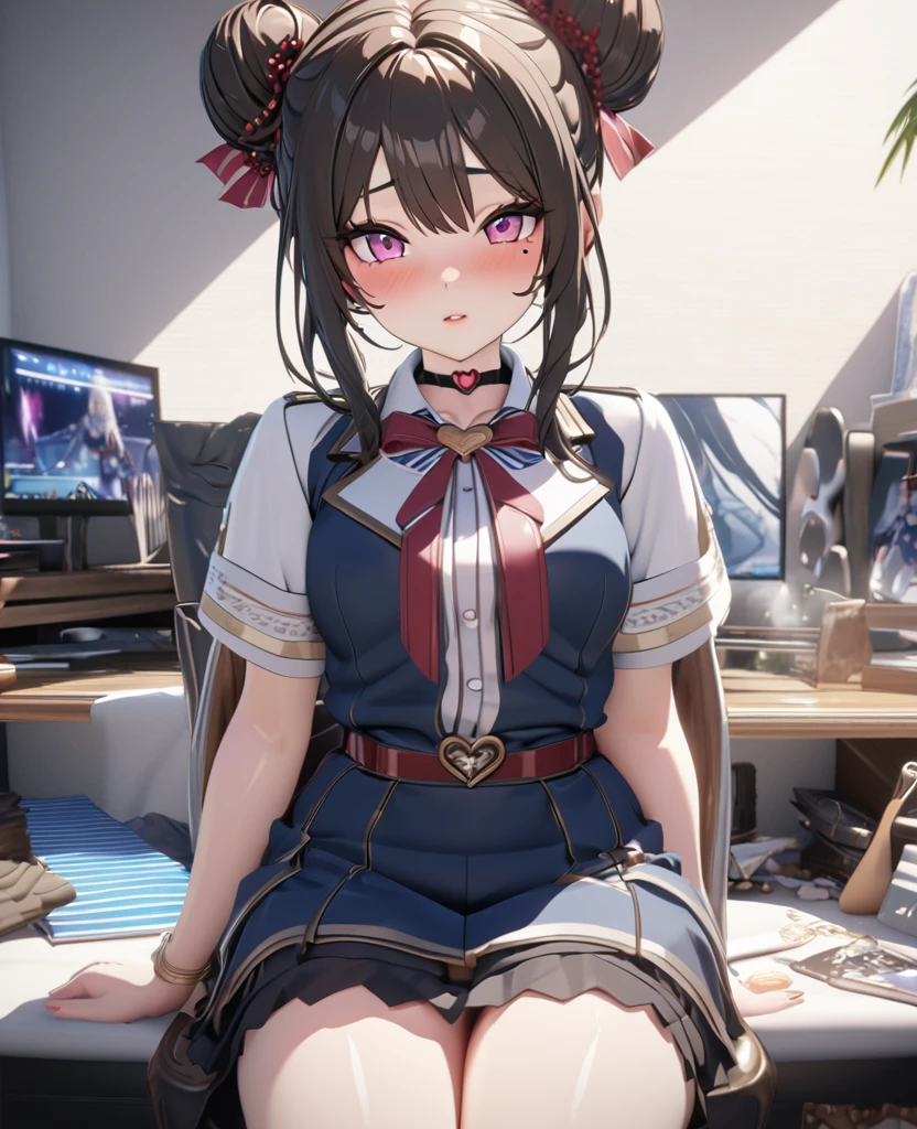 masterpiece, best quality, highly detailed, high resolution, expensive resolution, high resolution, 4K, 8k, uniform 8k wallpaper, highly detailed CG, masterpiece, 2D, 3D, beautiful details, depth, fine texture, best quality: 1.3, perfectly focused, crispy. skin, him, very cute anime girl, Her name is Mei, idol, brown double hair buns wearing expensive, mole under eye, looking at the viewer, cowboy short, expensive, blush, mole, plump lips, heart, pink eyes, heart shaped choker