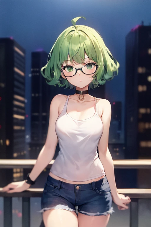 score_8_superior, score_7_superior, score_6_superior, score_5_superior, score_4_superior, Anime screenshots, View your viewers, superiorper body,
One girl, Tatsumaki, Green Hair, Green Eyes, short hair, Curly Hair, Thighs, View your viewers,
White tank top, jeans, Wear glasses on your head, 
Break Standing, View your viewers, city,