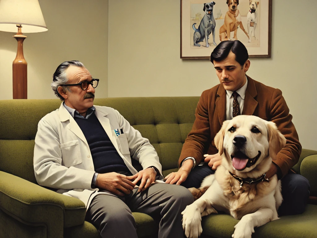 1960s style therapy room interior, Boris Levinson sitting with a patient on a couch, a dog sitting close to the patient, patient's face looks relaxed and comforted by the dog's presence, warm and compassionate atmosphere