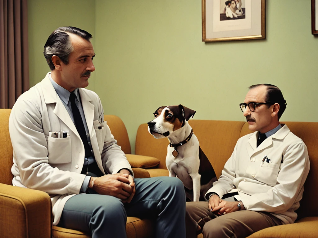 1960s style therapy room interior, Boris Levinson sitting with a patient on a couch, a dog sitting close to the patient, patient's face looks relaxed and comforted by the dog's presence, warm and compassionate atmosphere