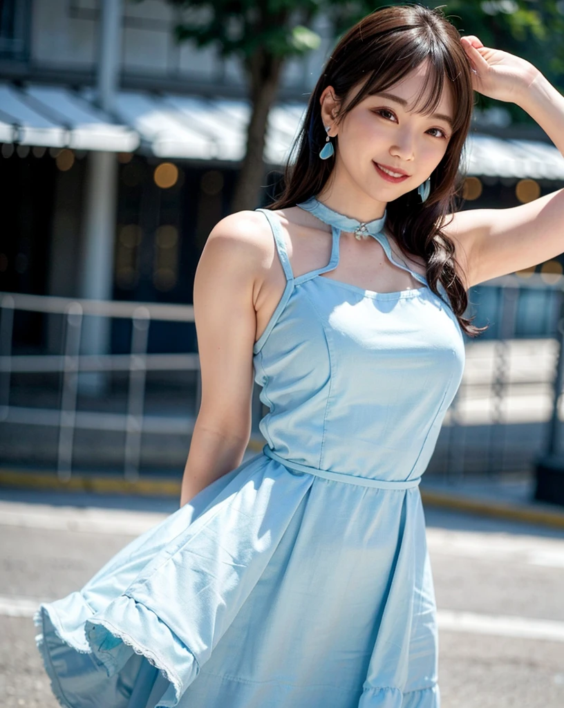 a woman posing on the street corner with light blue dress on, best quality, 1girl, large breasts, day, bright, blur background, bokeh, outdoor, (street:0.8), (people, crowds:1), (lace-trimmed dress:1.5, sleeveless dress, light blue clothes, light blue high-neck dress:1.2, blue dress: 1.5), gorgeous, (short hair, forehead:1.2), beautiful detailed sky, earrings, (dynamic pose:1.2), (upper body:0.8), soft lighting, wind, shiny skin, smile,