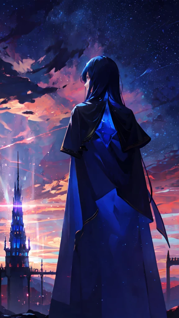 towers of god, blue towers, violet, blue, red, god, red sky, violet sky, starry sky, stars, starry towers, starry god, light blue, civilization, order