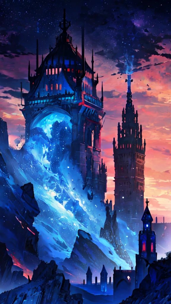 towers of god, blue towers, violet, blue, red, god, red sky, violet sky, starry sky, stars, starry towers, starry god, light blue, civilization, order