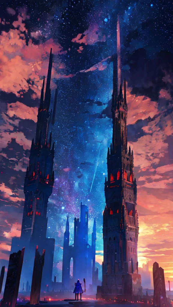 towers of god, blue towers, violet, blue, red, god, red sky, violet sky, starry sky, stars, starry towers, starry god, light blue, civilization, order