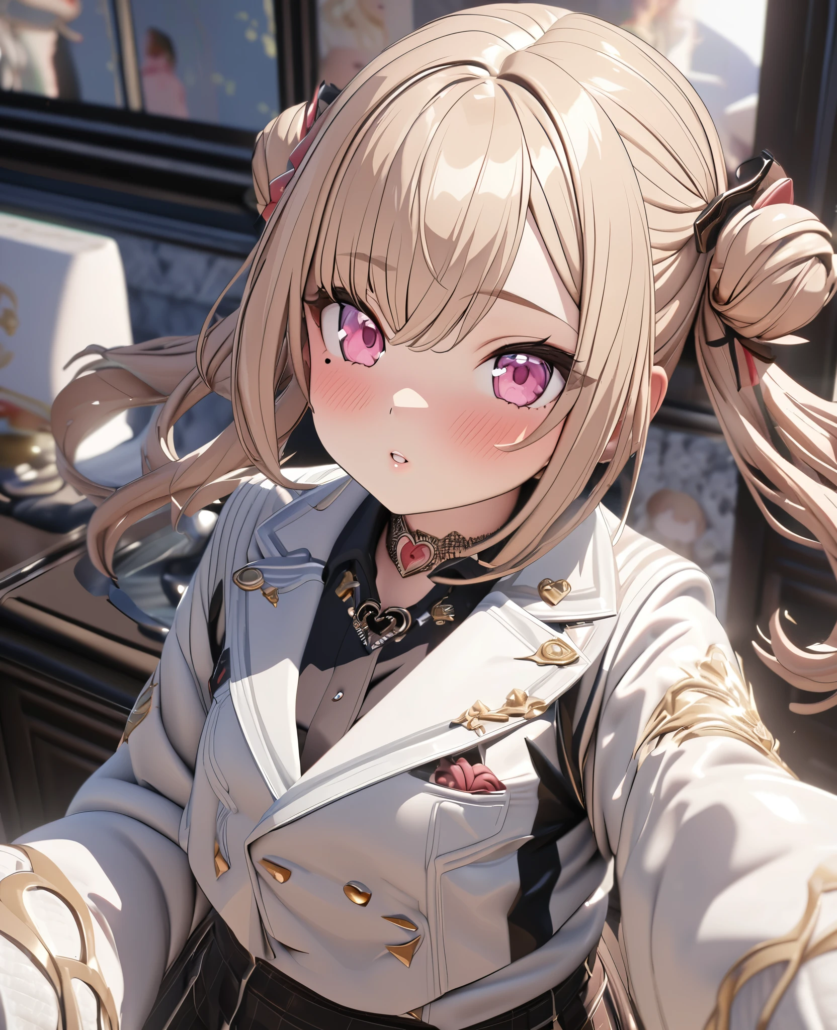 masterpiece, best quality, highly detailed, high resolution, expensive resolution, high resolution, 4K, 8k, uniform 8k wallpaper, highly detailed CG, masterpiece, 2D, 3D, beautiful details, depth, fine texture, best quality: 1.3, perfectly focused, crispy. skin, him, very cute anime girl, idol, brown double hair buns wearing expensive, mole under eye, looking at the viewer, cowboy short, expensive, blush, mole, plump lips, heart, pink eyes, heart shaped choker