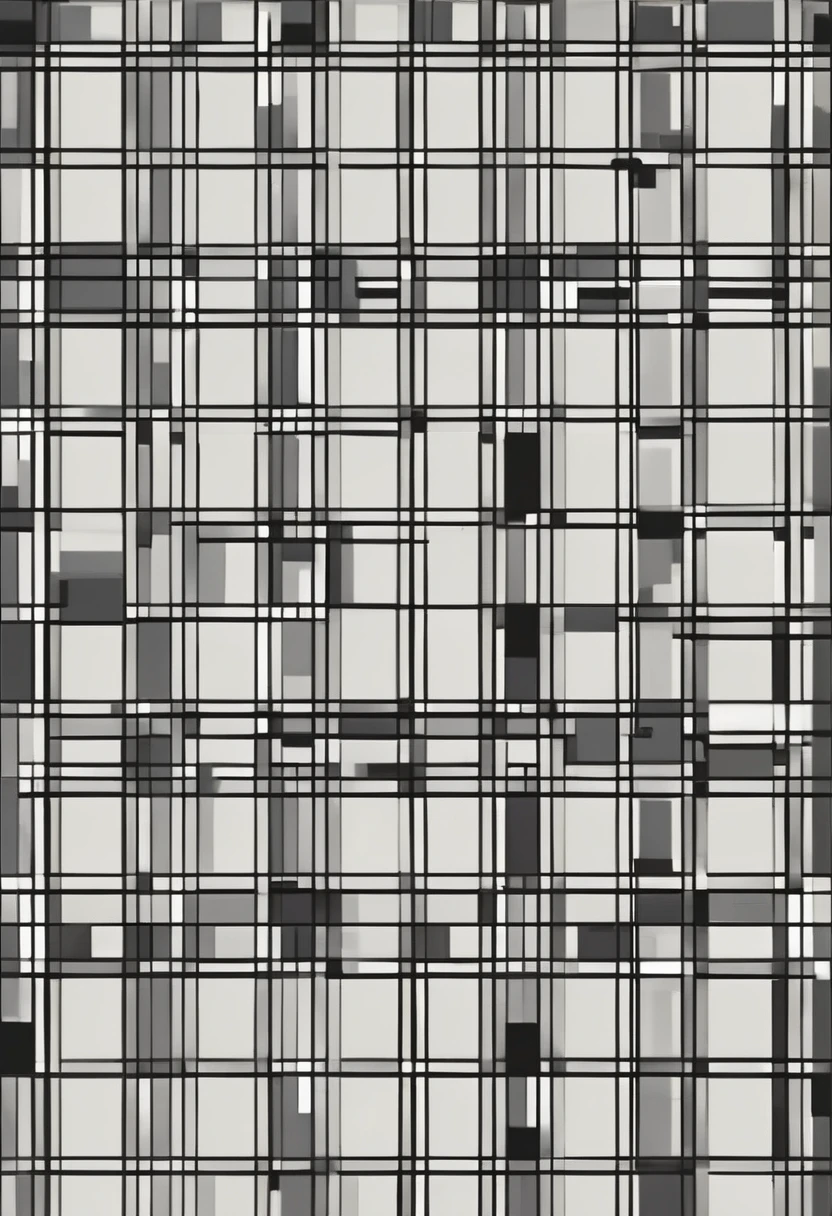 Design with straight lines and simple geometric shapes. A grid design in gray and black tones. The grid is made up of black and gray lines that intersect at right angles, creating a series of uniform squares and rectangles. The gray tones vary in intensity, adding depth and contrast to the pattern. The white background highlights the sharpness of the lines, while the precise and regular arrangement of the grid provides a sense of order and balance. The simplicity and elegance of the design emphasize clarity and minimalism, resulting in a visually attractive and modern composition. UHD, masterpiece, accurate, super detail, 16k