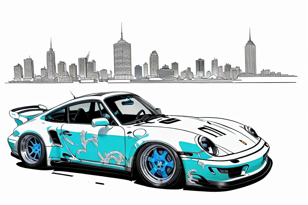 nvinkpunk, painting of a city with a blueish colored Porsche 911 rwb rotting,wide bodykit, large wheels, high quality,