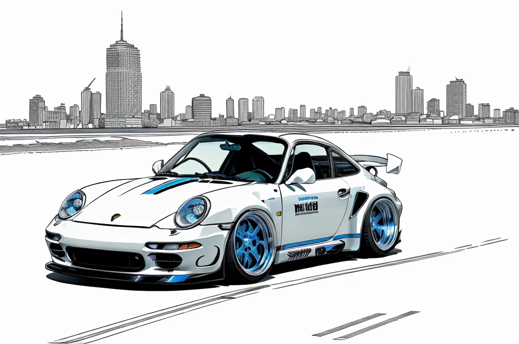 nvinkpunk, painting of a city with a blueish colored Porsche 911 rwb rotting,wide bodykit, large wheels, high quality,