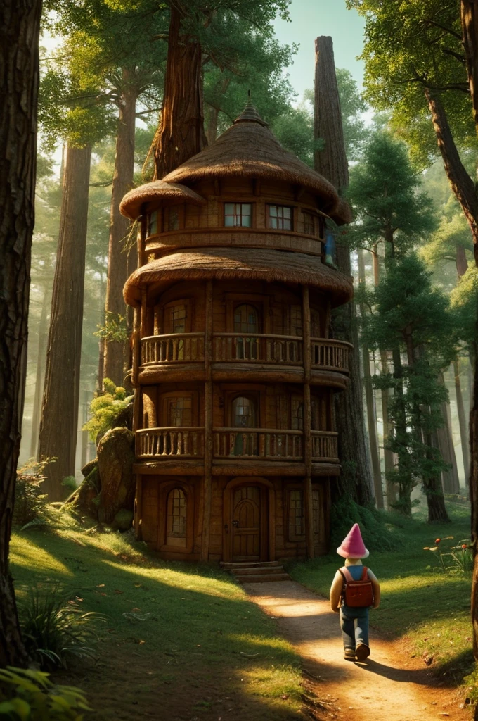 Wonderland Forest of Giants mushrooms, ( mushrooms with Doors, like a house) bright mushrooms, little gnomes walking in the forest, realismo, 8k, cinemátic, fantasy world.
