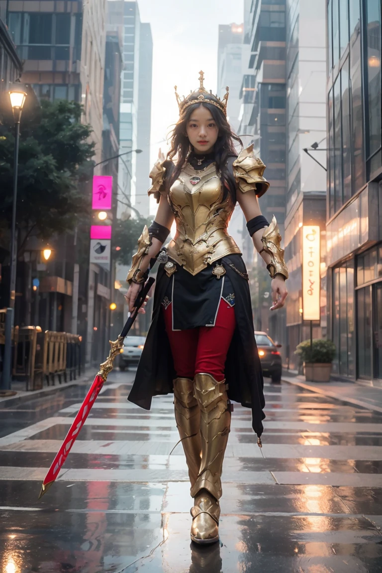 A woman adorned in fantasy-style full-body armor, a crown-concept fully enclosed helmet that unveils only her eyes, a composite layered chest plate, fully encompassing shoulder and hand guards, a lightweight waist armor, form-fitting shin guards, the overall design is heavy-duty yet flexible, ((the armor gleams with a golden glow, complemented by red and blue accents)), exhibiting a noble aura, she floats above a fantasy-surreal high-tech city, this character embodies a finely crafted fantasy-surreal style armored hero in anime style, exquisite and mature manga art style, (Queen bee mixed with Spider concept Armor), ((Nordic, elegant, goddess, femminine:1.5)), metallic, high definition, best quality, highres, ultra-detailed, ultra-fine painting, extremely delicate, professional, anatomically correct, symmetrical face, extremely detailed eyes and face, high quality eyes, creativity, RAW photo, UHD, 32k, Natural light, cinematic lighting, masterpiece-anatomy-perfect, masterpiece:1.5