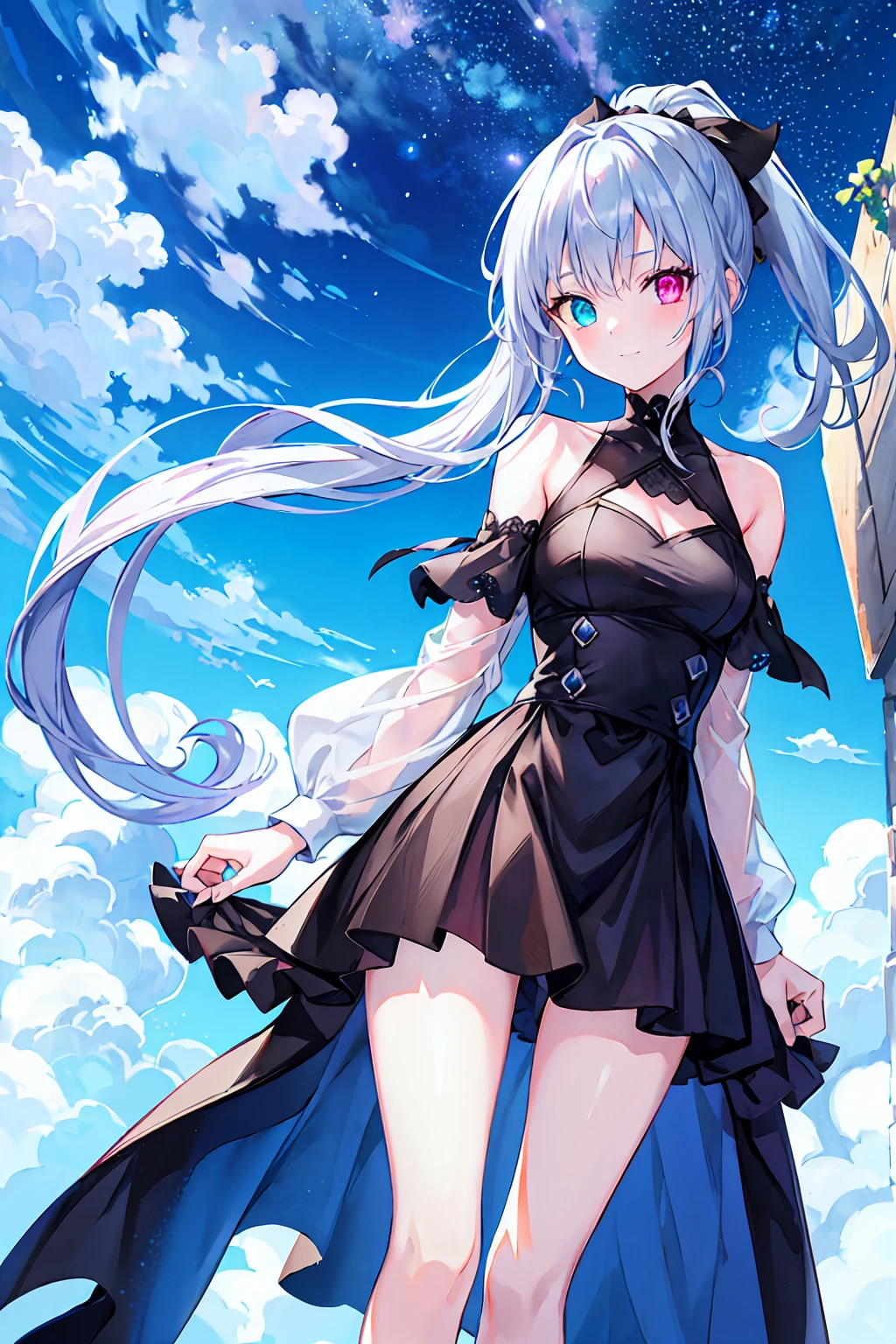Highest quality,masterpiece,Bluish silver ponytail、(Ptosis due to heterochromia,Glowing Eyes:1.2)、、20-year-old、Big smile、thin、Confused, High resolution, (Official Art, beautifully、beautiful:1.2), Close a view, 1 Girl, Bright sky, A vast world, stare, Awe-inspiring expressions, Distant Horizon, cloud, High Hill, Natural Beauty, Inspiration, Night Sky, Twinkle Star,