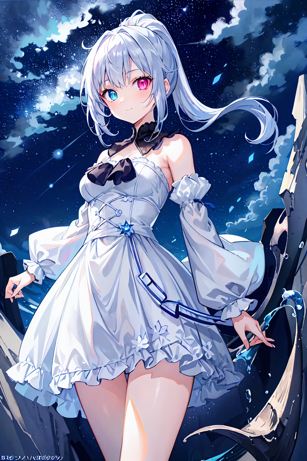 Highest quality,masterpiece,Bluish silver ponytail、(Ptosis due to heterochromia,Glowing Eyes:1.2)、、20-year-old、Big smile、thin、Confused, High resolution, (Official Art, beautifully、beautiful:1.2), Close a view, 1 Girl, Bright sky, A vast world, stare, Awe-inspiring expressions, Distant Horizon, cloud, High Hill, Natural Beauty, Inspiration, Night Sky, Twinkle Star,