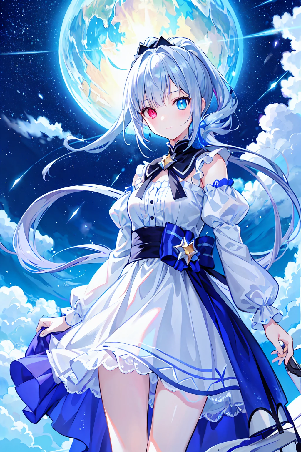 Highest quality,masterpiece,Bluish silver ponytail、(Ptosis due to heterochromia,Glowing Eyes:1.2)、、20-year-old、Big smile、thin、Confused, High resolution, (Official Art, beautifully、beautiful:1.2), Close a view, 1 Girl, Bright sky, A vast world, stare, Awe-inspiring expressions, Distant Horizon, cloud, High Hill, Natural Beauty, Inspiration, Night Sky, Twinkle Star,