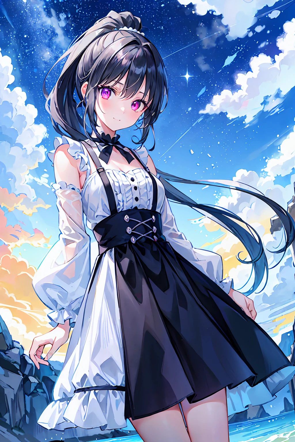 Highest quality,masterpiece,Bluish silver ponytail、(Ptosis due to heterochromia,Glowing Eyes:1.2)、、20-year-old、Big smile、thin、Confused, High resolution, (Official Art, beautifully、beautiful:1.2), Close a view, 1 Girl, Bright sky, A vast world, stare, Awe-inspiring expressions, Distant Horizon, cloud, High Hill, Natural Beauty, Inspiration, Night Sky, Twinkle Star,