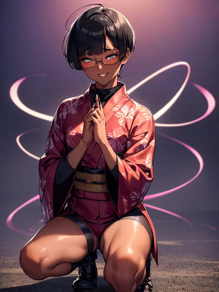 (flat chest:), (masterpiece:1.2), highest quality, High resolution, unity 8k wallpaper, (fine and beautiful eyes:1.6), highly detailed face, perfect lighting, Detailed CG, (perfect hands, perfect anatomy), (1 boy solo:1.4), 20 years old, black hair, extremely beautiful detailfeminine face and eyes, (evil smile:1.4), detailed eyes, best quality,( dark skin:1.8), (turtleneck shirt under yukata:1.2), (bike shorts:1.2), extremely detailed, very precise detailed, (glasses:1.3), blunt bangs, open mouth, (very short pixie cut:1.2), boots,fingerless gloves, smile, (half closed eyes:1.5),burning ground, ,(on magic circle) ,night sky,long sidelocks,(long red Scarf),(yukata),(squatting), ears,(acrobat pose:1.3),(squat:1.3),leaning forward,(one knee dwon:1.5),(Put one foot in front:1.3),(stylish pose:1.4),(Raise only index finger:1.1),(Joining hands:1.5),(retro artstyle:1.2), (1990s \(style\)),