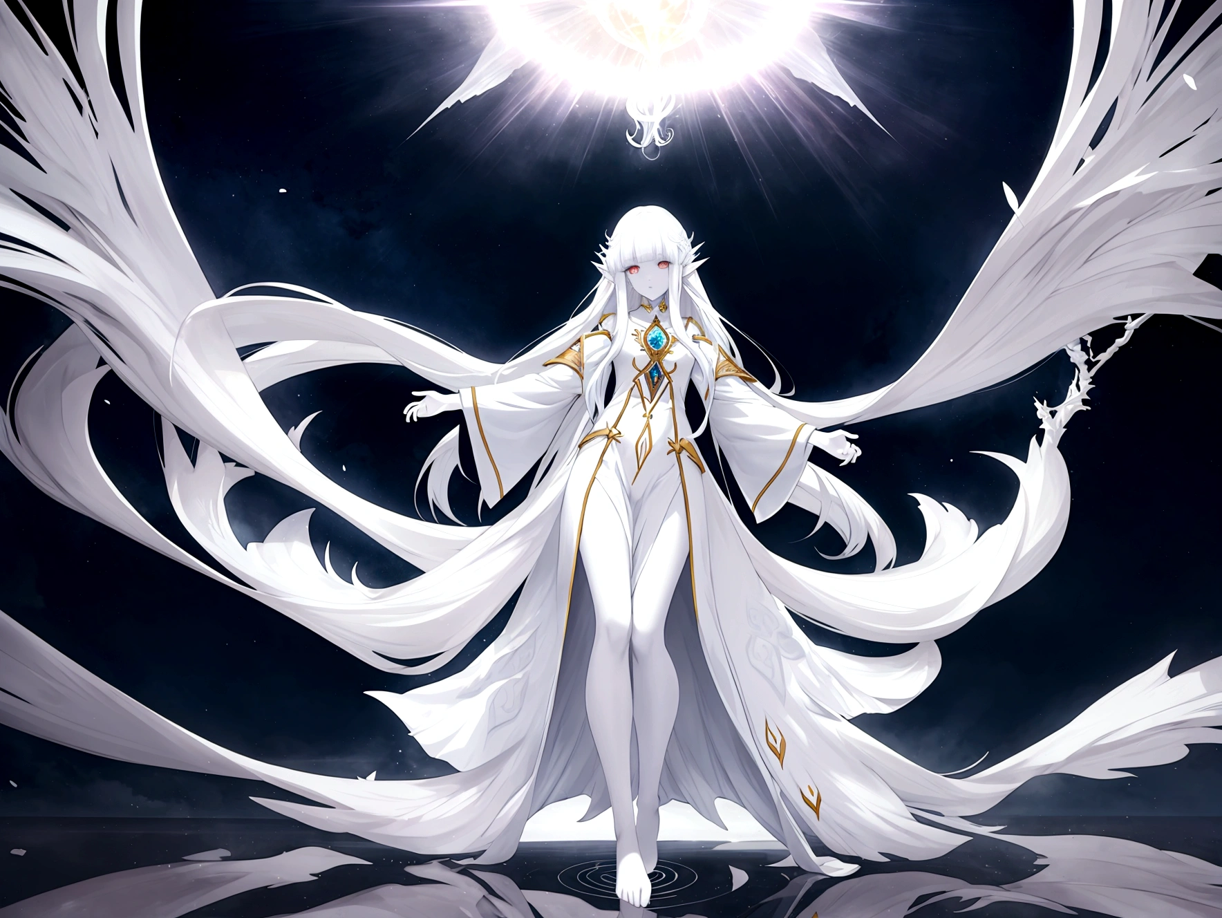 Character (hair bangs) (white long hair) (white pale skin) (mystical seer-style clothing) (character in dynamic pose) (perspective angle) (full body) (ethereal background) (celestial vibes)