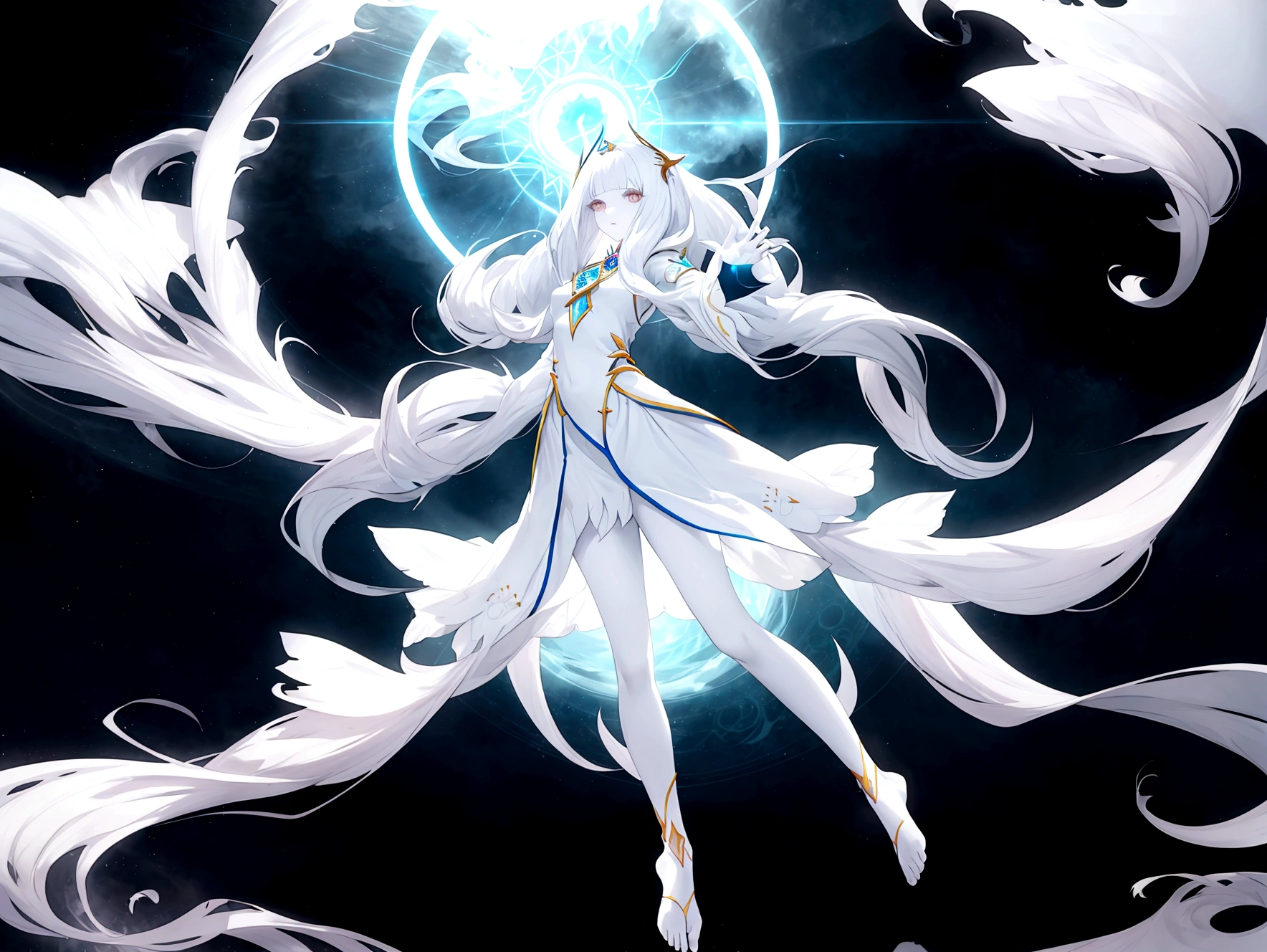 Character (hair bangs) (white long hair) (white pale skin) (mystical seer-style clothing) (character in dynamic pose) (perspective angle) (full body) (ethereal background) (celestial vibes)