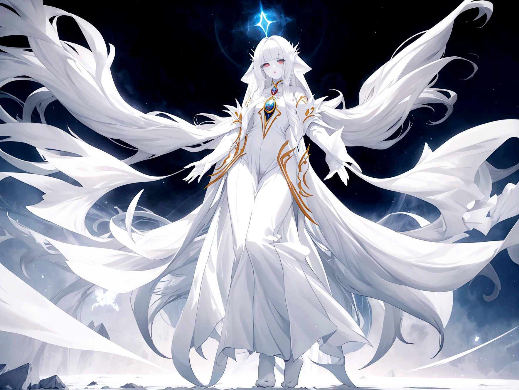 Character (hair bangs) (white long hair) (white pale skin) (mystical seer-style clothing) (character in dynamic pose) (perspective angle) (full body) (ethereal background) (celestial vibes)