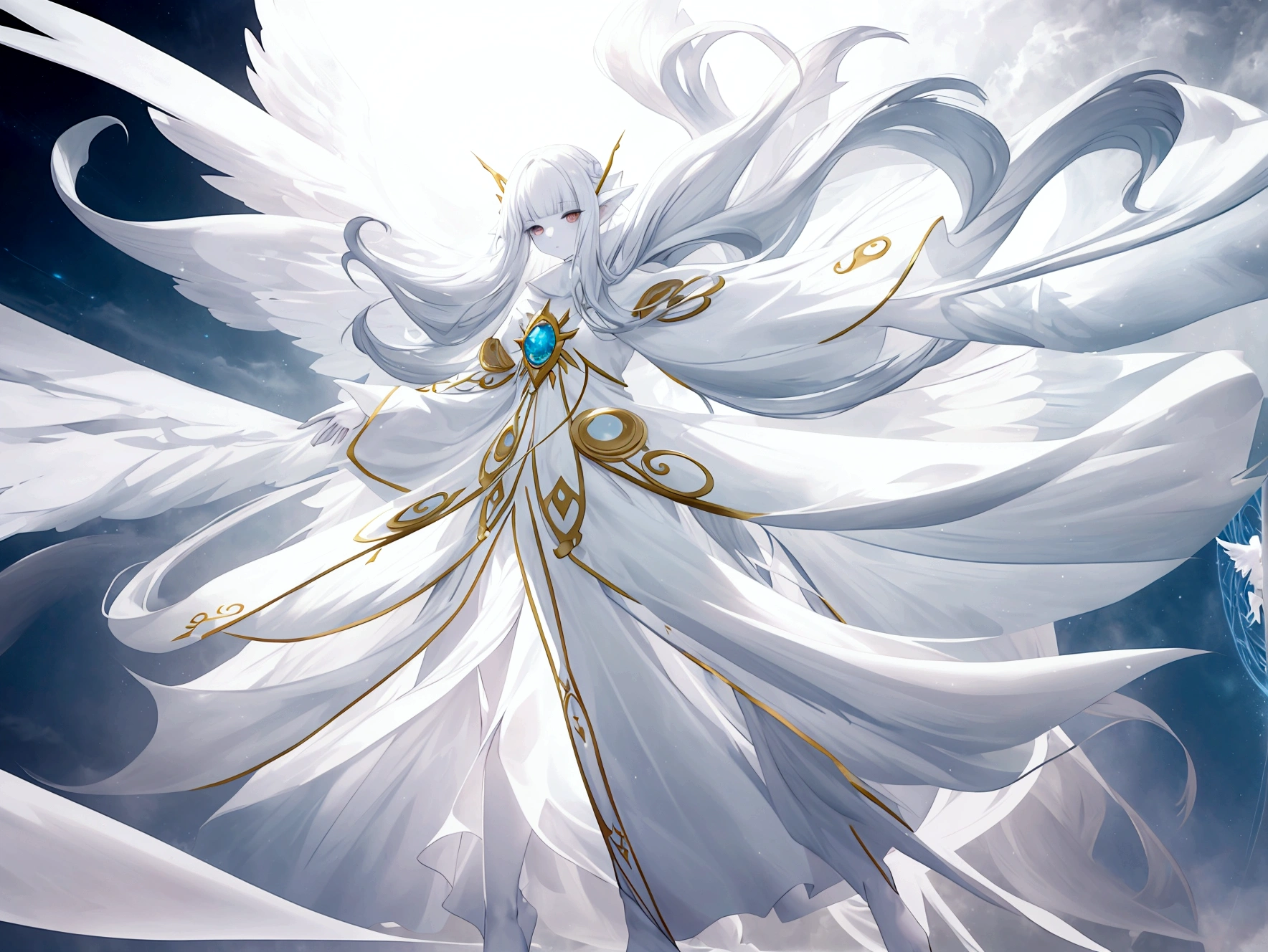 Character (hair bangs) (white long hair) (white pale skin) (mystical seer-style clothing) (character in dynamic pose) (perspective angle) (full body) (ethereal background) (celestial vibes)