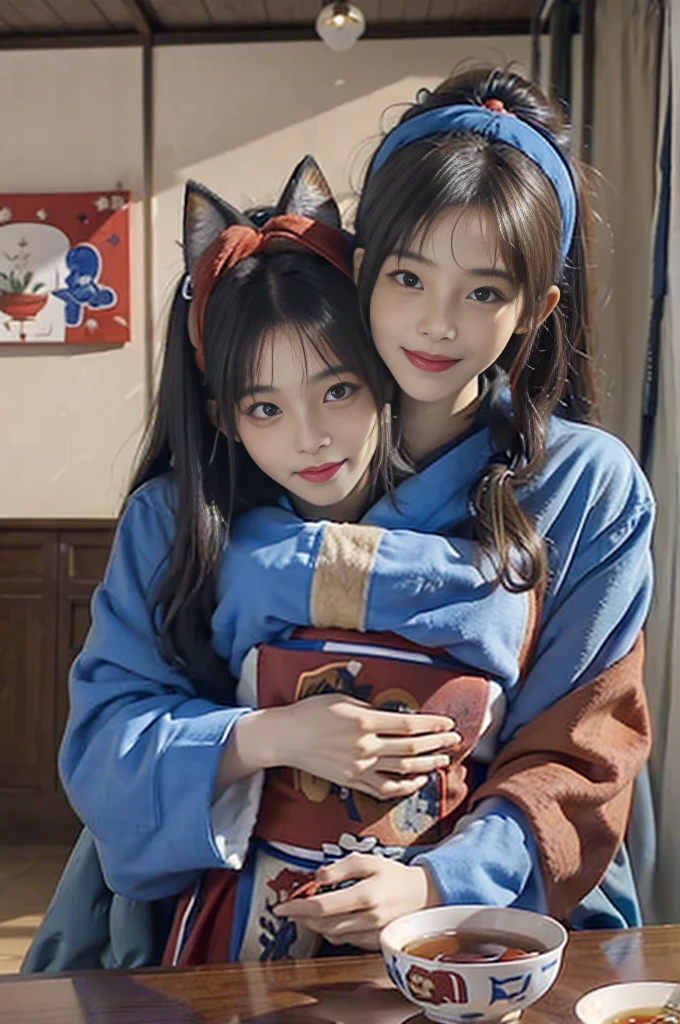 "A young girl with fake fox ears on her head, wearing traditional Japanese clothing in blue and red, hugging a real fox. Both are wearing similar patterned coats. On the table in front of them is a bowl of udon noodles with vegetables and meat, and a cup of tea. The background is a traditional Japanese room with a window."