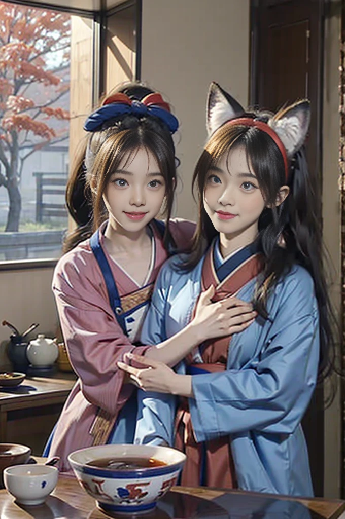 "A young girl with fake fox ears on her head, wearing traditional Japanese clothing in blue and red, hugging a real fox. Both are wearing similar patterned coats. On the table in front of them is a bowl of udon noodles with vegetables and meat, and a cup of tea. The background is a traditional Japanese room with a window."