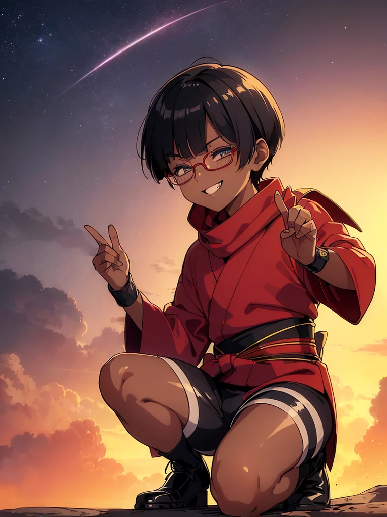 (flat chest:), (masterpiece:1.2), highest quality, High resolution, unity 8k wallpaper, (fine and beautiful eyes:1.6), highly detailed face, perfect lighting, Detailed CG, (perfect hands, perfect anatomy), (1 boy solo:1.4), 20 years old, black hair, extremely beautiful detailfeminine face and eyes, (evil smile:1.4), detailed eyes, best quality,( dark skin:1.8), (turtleneck shirt under yukata:1.2), (bike shorts:1.2), extremely detailed, very precise detailed, (glasses:1.3), blunt bangs, open mouth, (very short pixie cut:1.2), boots,fingerless gloves, smile, (half closed eyes:1.5),burning ground, ,(on magic circle) ,night sky,long sidelocks,(long red Scarf),(yukata),(squatting), ears,(acrobat pose:1.3),(squat:1.3),leaning forward,(one knee dwon:1.5),(Put one foot in front:1.3),(stylish pose:1.4),(Raise only index finger:1.1),(Joining hands:1.5),(retro artstyle:1.2), (1990s \(style\)),
