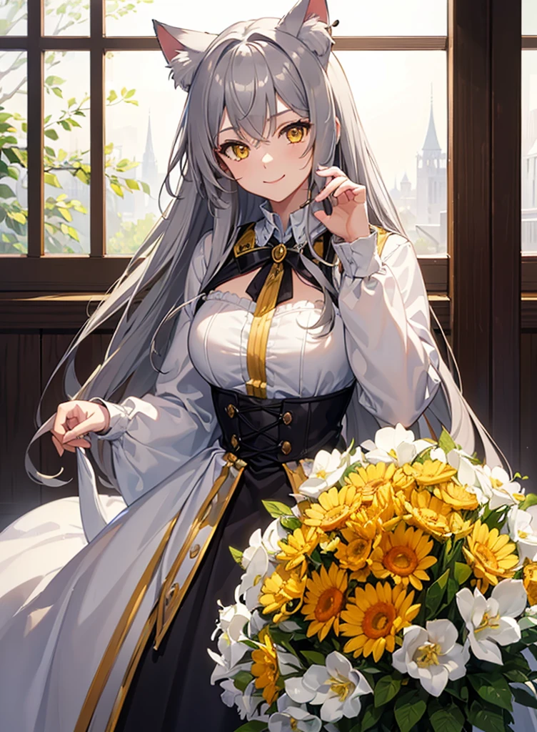 ((masterpiece)), ((best quality)), (close-up:1), (half-body shot:1.36), perfect anatomy, 1girl, solo, cat girl, gay hair, yellow eyes, gray cat ears, gray fluffy cat tail, medieval attire, smiling, lighting from front, looking at viewers