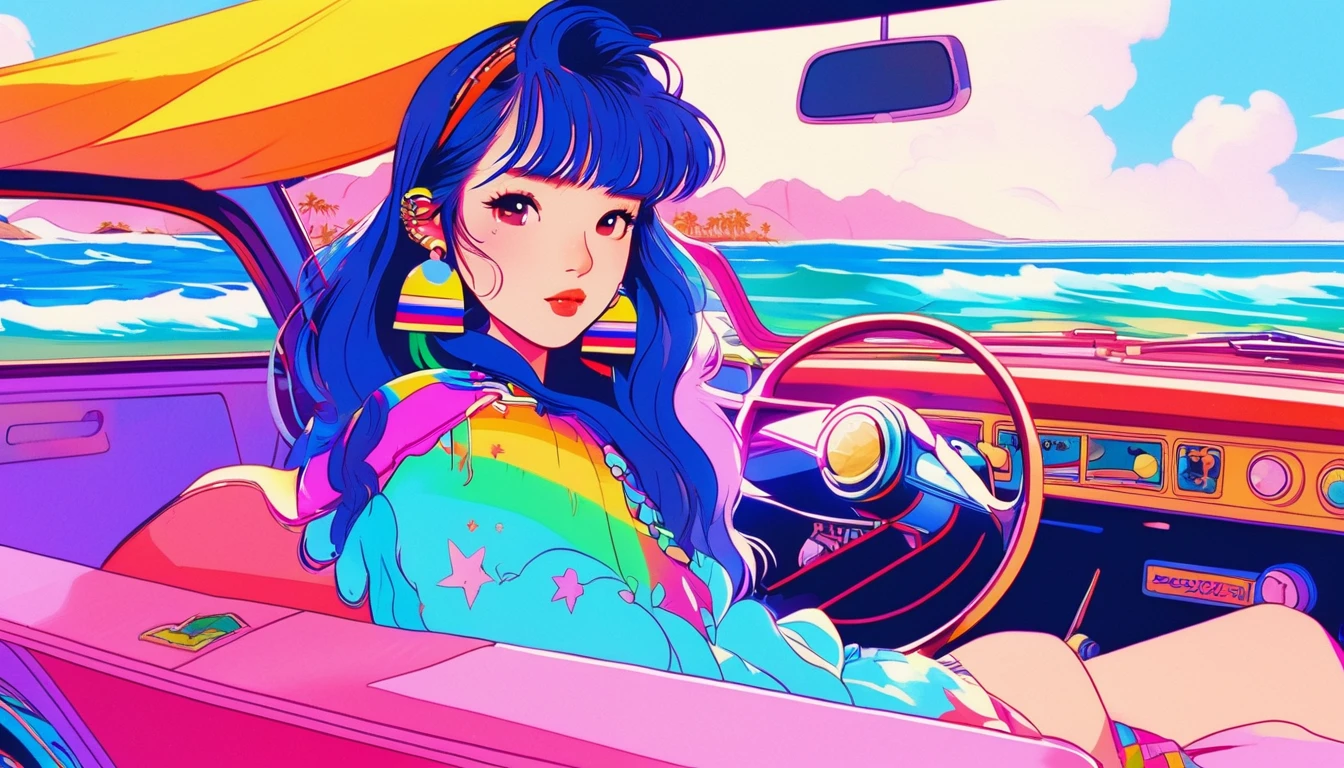 masterpiece, Highest quality, Rainbow Style, anime, Beautiful Asian Girl, K-Pop aesthetics and style, tattoo, tattoo - inspired, Sitting in a car, 80s American hippie style, Along the Hawaiian Coast, Cute and dreamy,anime,Illustrator,LOFI Girl,
