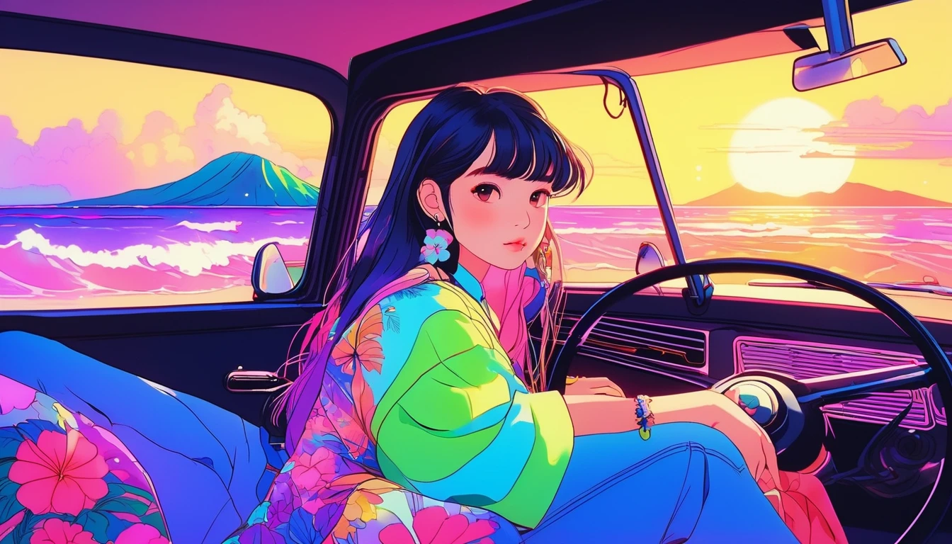 masterpiece, Highest quality, Rainbow Style, anime, Beautiful Asian Girl, K-Pop aesthetics and style, tattoo, tattoo - inspired, Sitting in a car, 80s American hippie style, Along the Hawaiian Coast, Cute and dreamy,anime,Illustrator,LOFI Girl,