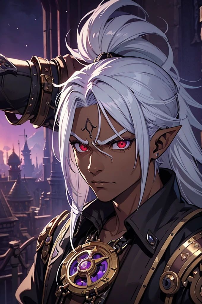 ((best quality)), ((masterpiece)), (detailed), ((boy)), ((mix between dungeonpunk and steampunk)), (serious), dark skinned, human, upper body, portrait, red eyes, long white hair, Xemnas from Kingdom Hearts, half-drow, pointy ears, serious face, dramatic lighting, purple hue, art by Kinema Citrus and Tetsuya Nomura