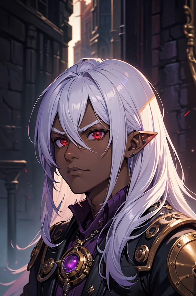 ((best quality)), ((masterpiece)), (detailed), ((boy)), ((mix between dungeonpunk and steampunk)), (serious), dark skinned, human, upper body, portrait, red eyes, long white hair, Xemnas from Kingdom Hearts, half-drow, pointy ears, serious face, dramatic lighting, purple hue, art by Kinema Citrus and Tetsuya Nomura