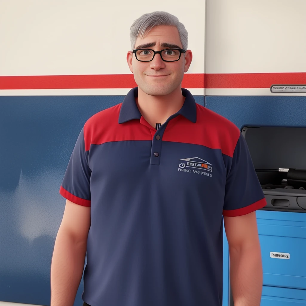 A white man with gray hair, black glasses, wearing a mechanic's outfit