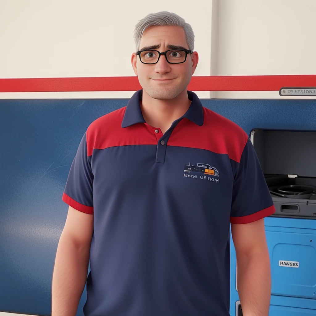 A white man with gray hair, black glasses, wearing a mechanic's outfit