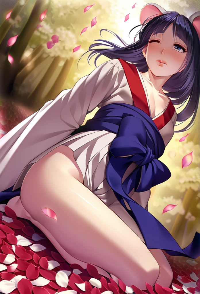 (Ah! My Goddess style:1.2) , Hallucination, daydream , nightmare , Insane Dream , bokeh , erotica , romance , realistic mouse nymph and realistic cat , Women's hakama from the Meiji period , Petals fluttering down , Single eyelids, round nose, swollen cheeks , glossy lips , Collarbone , Hair blowing in the wind , Meiji period