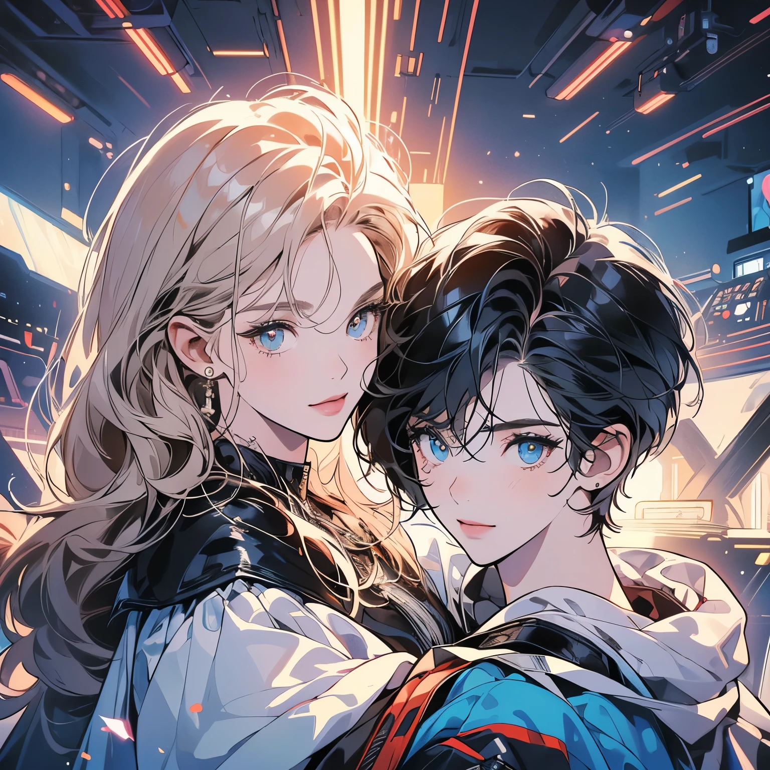 (((beautiful "Two women" leaning against each other))), inside a spaceship, perfect machine, perfect face, zero gravity, outer space, lots of wires, switchboard, perfect and detailed machine, detailed hair, (((Various angles))), most beautiful woman alive, (((head shot))) , Super detailed background, top quality,Various unique hairstyles, Ghost in the Shell, sparkling eyes, Outer space in the background, Unique and perfect face, Pale Lighting, (((Various eyes colors))), (((Snuggle up like a lover))), short hair,smile, Separate eye color, separate hair styles