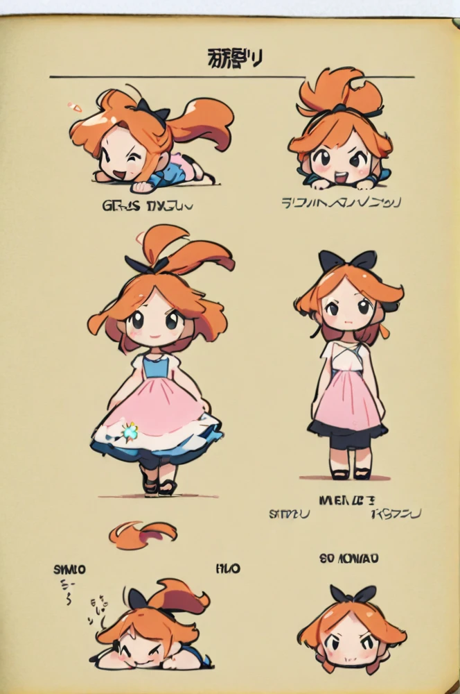 Character sheet, white background, chibi, female, long hair, wearing dress, cartoon style, high quality, high resolution