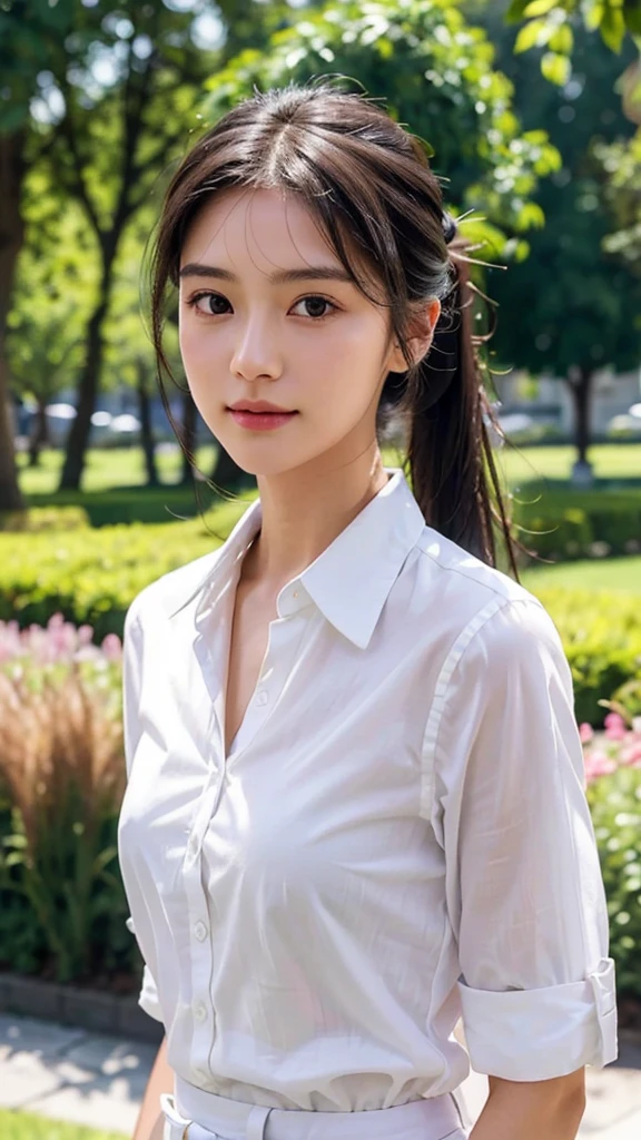 White collared shirt,jeans,outdoors,Urban Park,On the lawn,One woman,close up face,fully body photo,masutepiece, The highest image quality, High quality, the background is clear,Beautiful woman, Japanese, Detailed, Ultra-detailed, finely detail, hight resolution, 8K Wallpaper, Perfect dynamic composition, Beautiful detailed eyes ,Detailed eyes, Detailed skin, Beautiful skin, 超hight resolution, (reality: 1.4),Very beautiful woman, Slightly younger face, Beautiful skin, slender, (Ultra photo realsisim), (hight resolution), (8K), (Very detailed) (beautifully detailed eyes), (super detailed), (Detailed face), view the viewer, Fine details, Detailed face, Staring straight ahead, Staring straight ahead, photos realistic, Bright lighting, Professional Lighting, Black hair,poneyTail,a baby face,sixteen years old,Hairstyle: ponytail,Long ponytail hairstyle,slight smile,